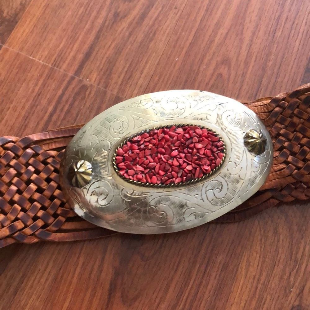 Chicos Brown, braided leather and silver Concho Belts with red turquoise chips